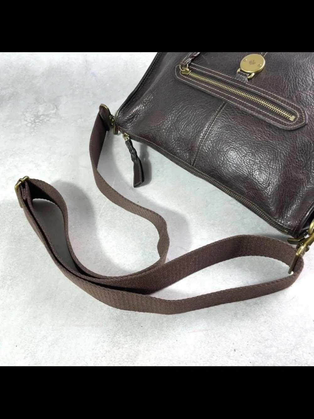 Mulberry Dark Brown Leather Messenger Bag with Brass Hardware